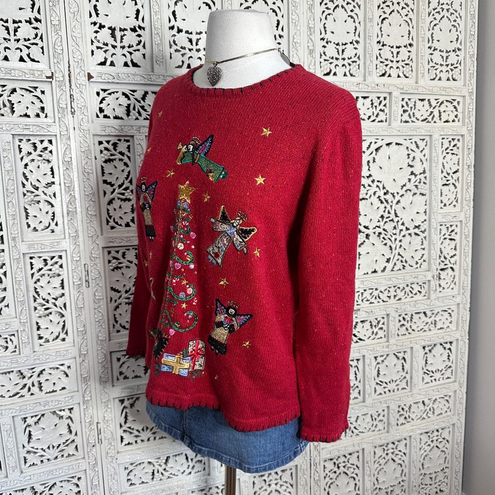 Vtg Victoria Jones Holiday Angel Cherub Christmas Tree Gifts Sweater Sz Petite S View 4
